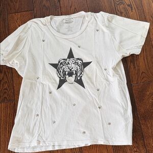 Lauren Moshi White Tee with Black Tiger-Star Graphic and Star Studs